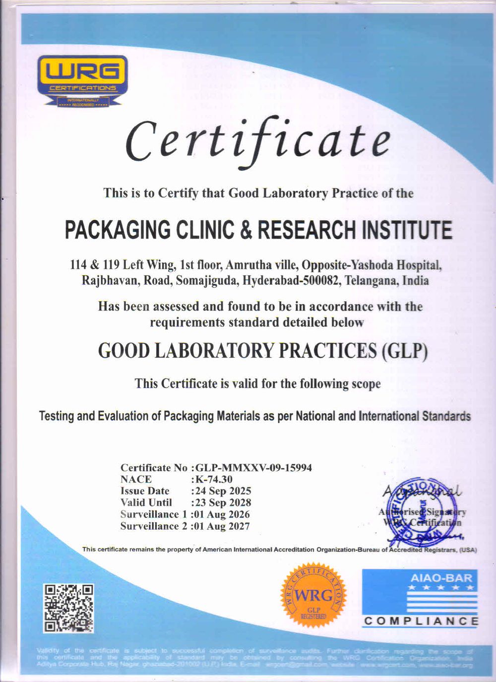 PCRI Good Laboratory Practices certificate