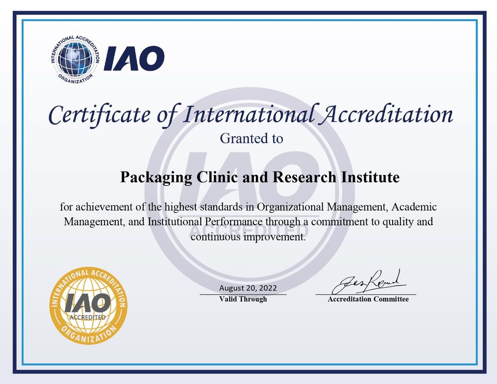 PCRI certificate of international accreditation from IAO